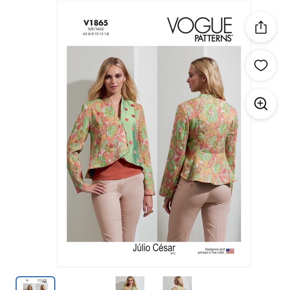 Vogue V1865 Size F5 Misses Peplum Jacket Blazer Sewing Pattern